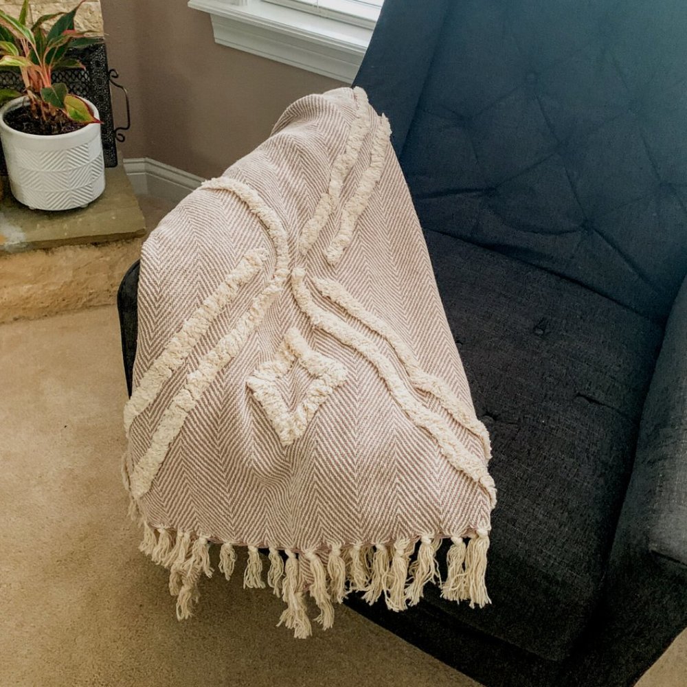 Diamond Tufted Throw Blanket / Beige & Cream / Cotton Throw Blanket / 60"x50" - Picture 7 of 11